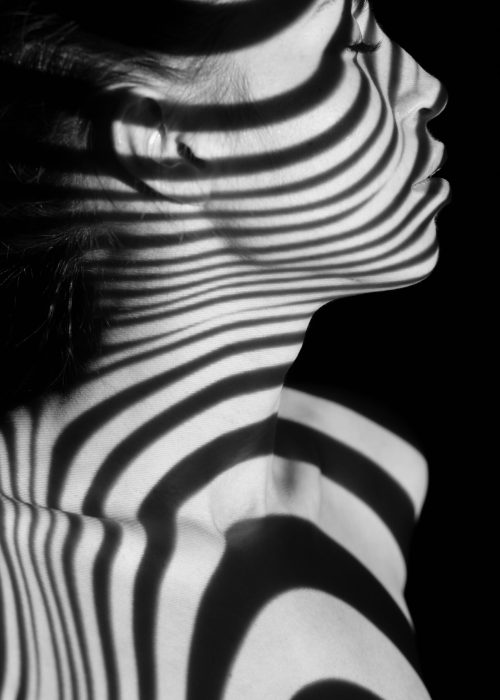The face of nude woman  with black and white zebra stripes.  Black-and-white photo created with the projector